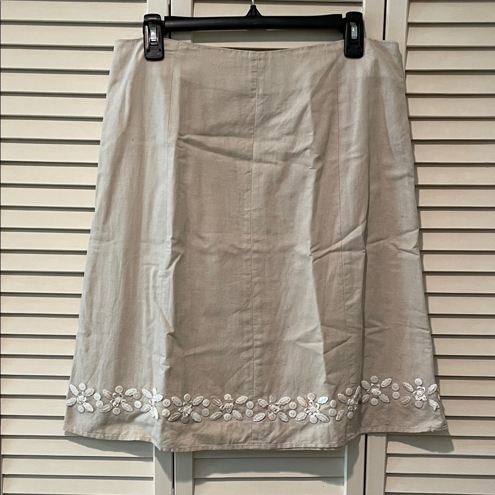 Elegant Beige Linen Skirt with Floral Shell Detailing